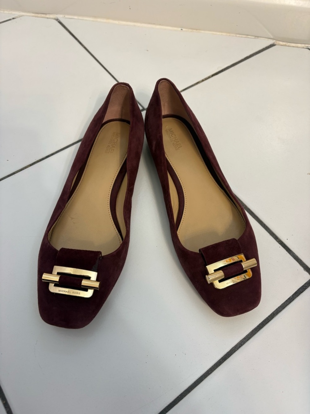 Michael Kors Wine Suede Loafers with Gold Buckle